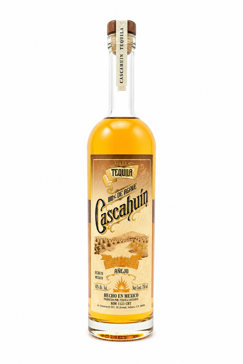 Cascahuin anejo tequila bottle on a white background