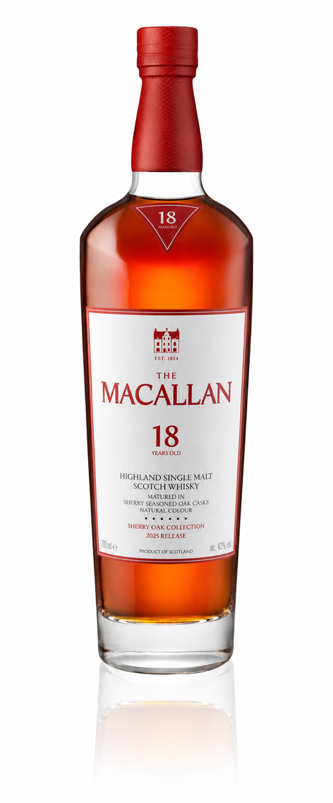 The Macallan Sherry Oak 18 Years Old 2025 Release Single Malt Scotch Whisky 750ml Bottle and Gift Box