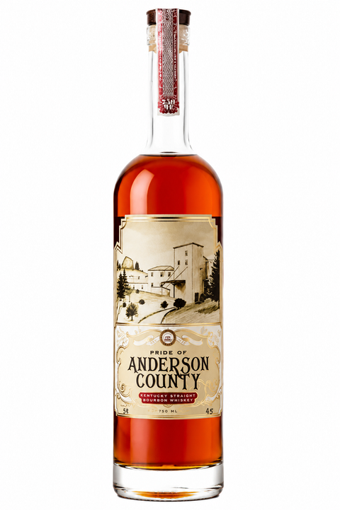 A bottle of Pride of Anderson County Kentucky Straight Bourbon Whiskey with amber liquid, a beige label with a castle illustration, and a red patterned neck seal, shown on a white background.