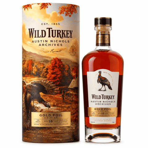 Wild Turkey Austin Nichols Archives Gold foil bottle and packaging on a white background