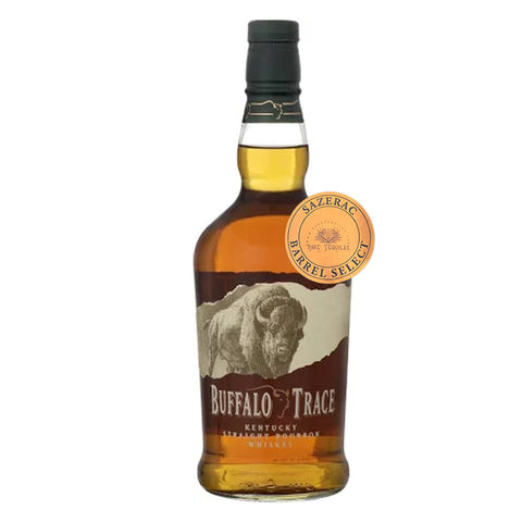 A bottle of Buffalo Trace Kentucky straight bourbon whiskey with a label featuring an illustration of a buffalo. There is a seal indicating 'Sazerac Barrel Select' and the text mentions 'Rare Tequilas Barrel Select #129'.