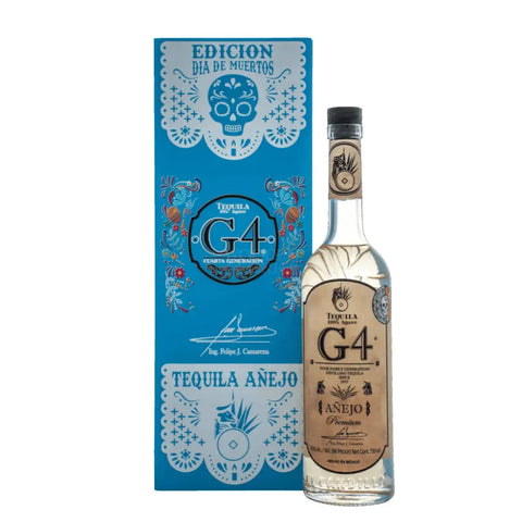 G4 Blue Edition Añejo Tequila bottle with decorative box featuring G4 branding on a white background
