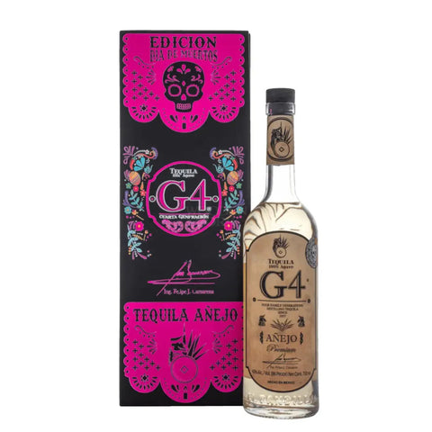 G4 Purple Edition Añejo Tequila bottle with decorative box featuring G4 branding on a white background