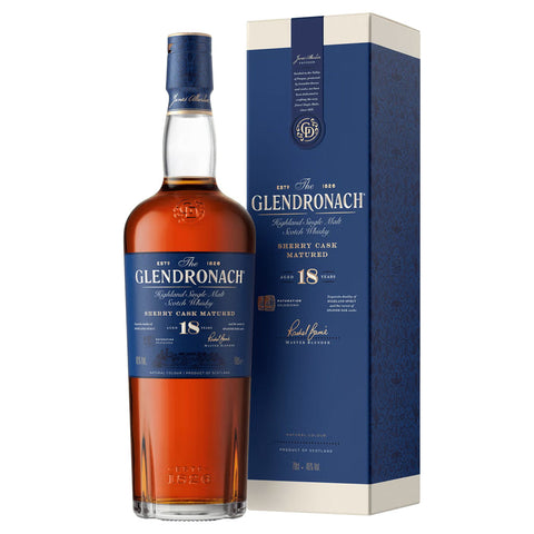 GlenDronach 18 Year Old Sherry Cask Matured Scotch Whisky bottle and box