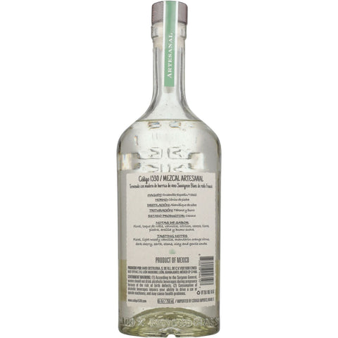 Código 1530 Artesanal Joven Mezcal Back of Bottle