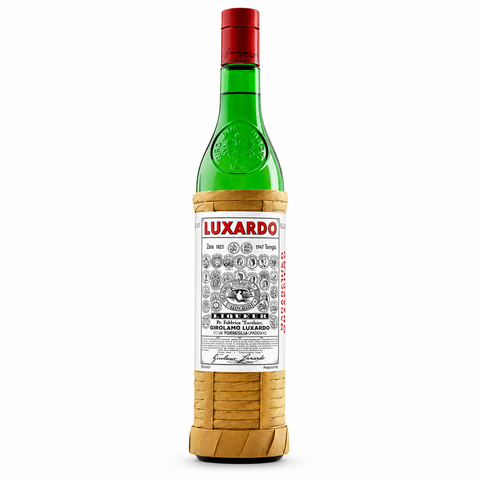 Bottle of Luxardo Maraschino Originale Liqueur in iconic hand-plaited straw wrapping, made from Marasca cherries in Torreglia, Veneto Italy