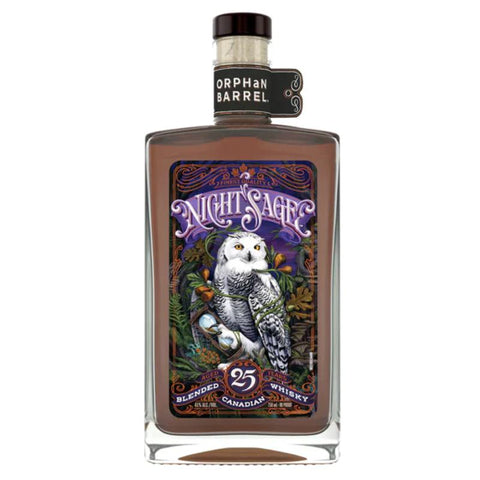Bottle of Orphan Barrel Night Sage 25 Year Old Blended Canadian Whisky with snow owl artwork
