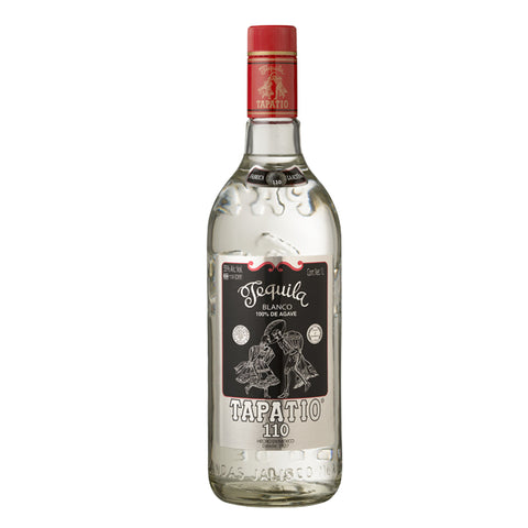 Tequila bottle with red cap and black label on a white background