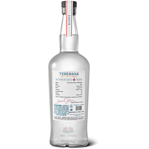 Back label of Teremana Blanco Tequila 750ml, showing production details and People's Margarita recipe