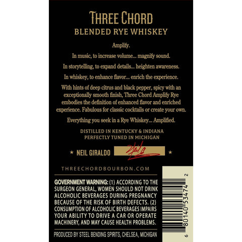 Three Chord Amplify Rye Whiskey Back of Bottle