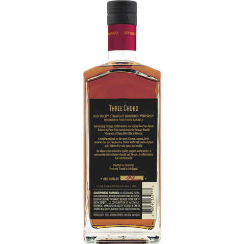 Three Chord Strange Collaboration Straight Bourbon Whiskey Back of Bottle.